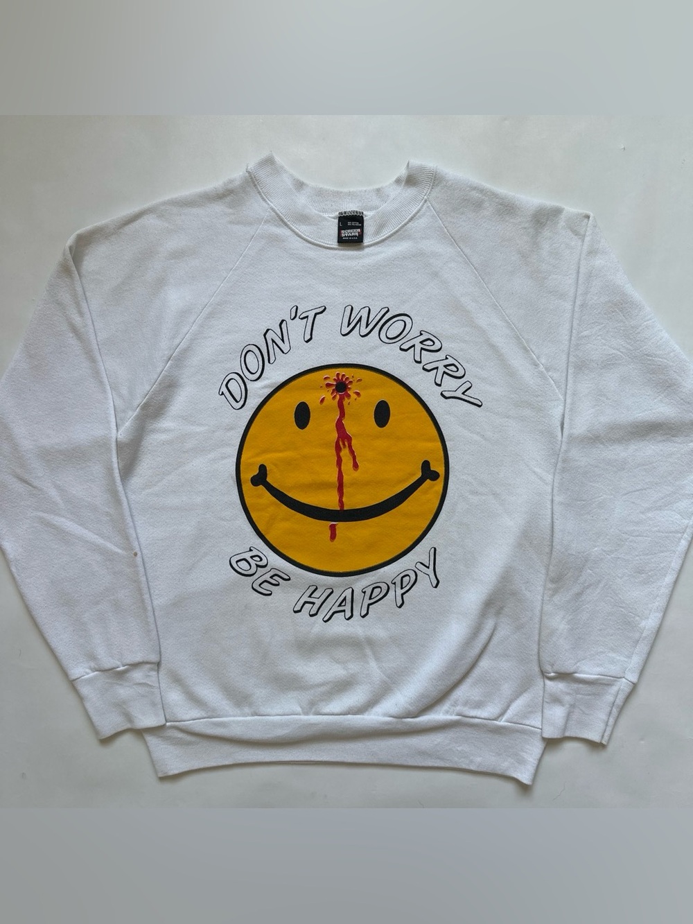 Men's White Graphic Sweatshirt — Don't Worry Be Happy Smiley